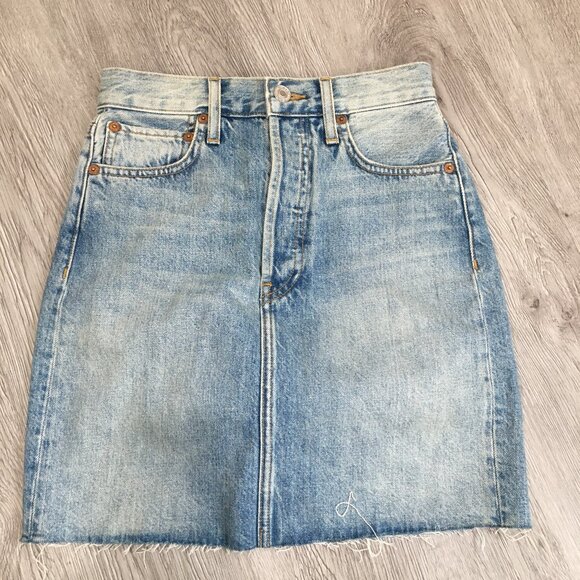 RE/DONE 5 Pocket Worksman Blue Wash Fray/Fringe Hem Logo Button Fly Denim Skirt - Picture 1 of 12